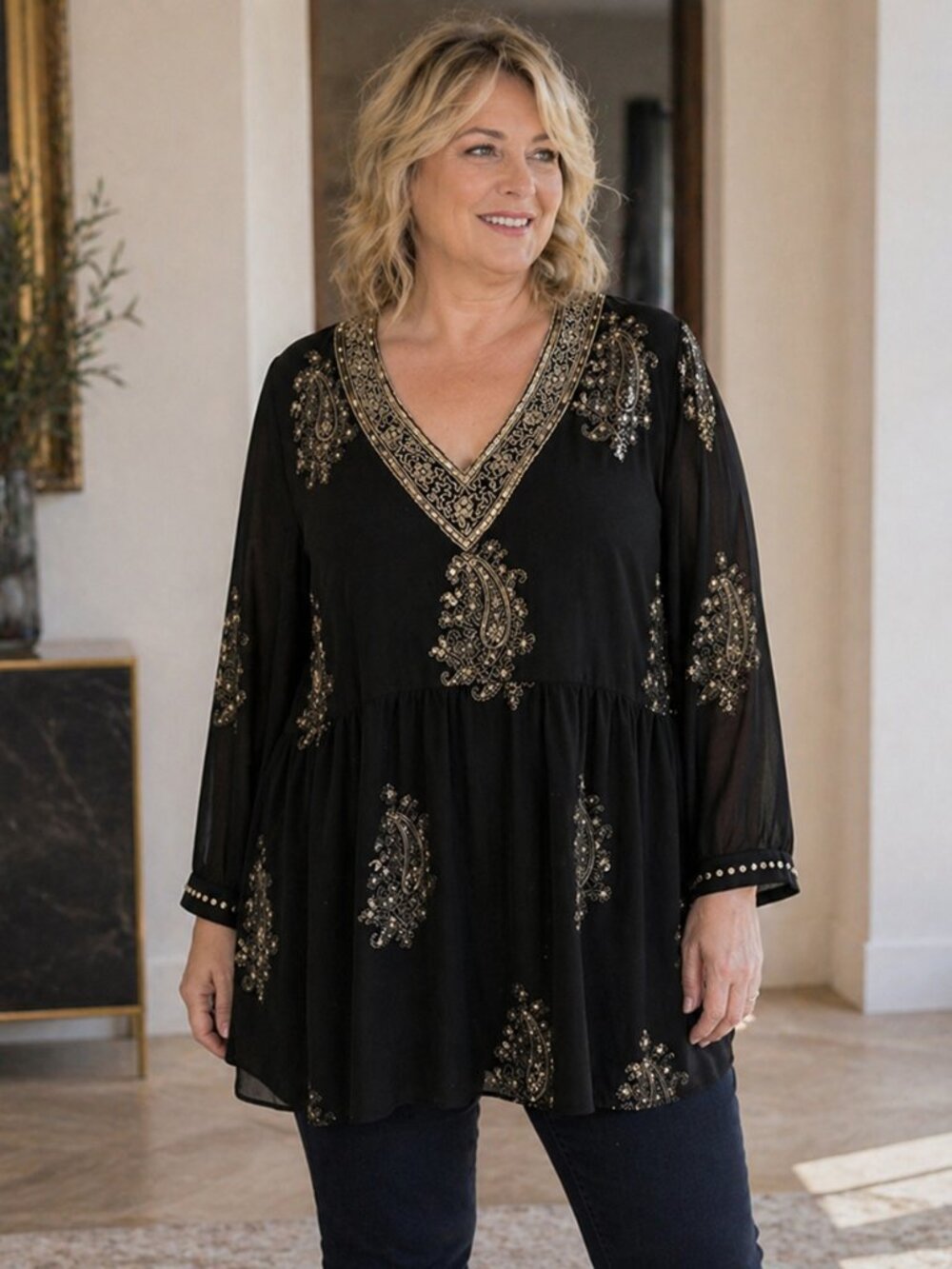 Black & Silver Draped Tunic Blouse – Oversized Flowy Top 3X–4X | Modern Luxe - Picture 2 of 12